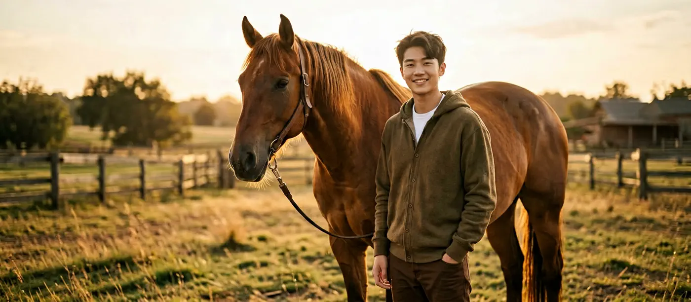High school senior standing beside a calm horse in golden ranch light