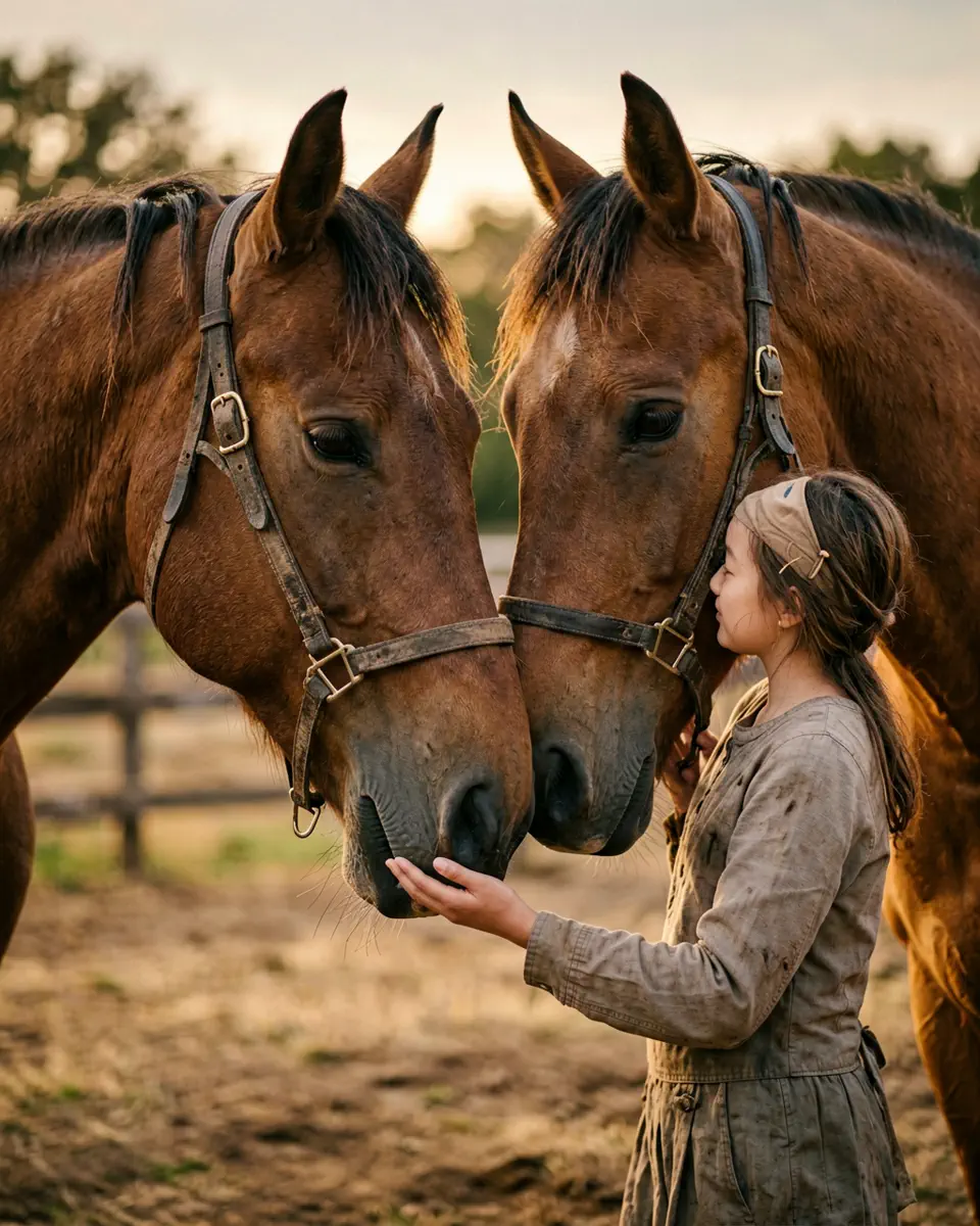 Senior portrait pose with forehead touching a calm horse