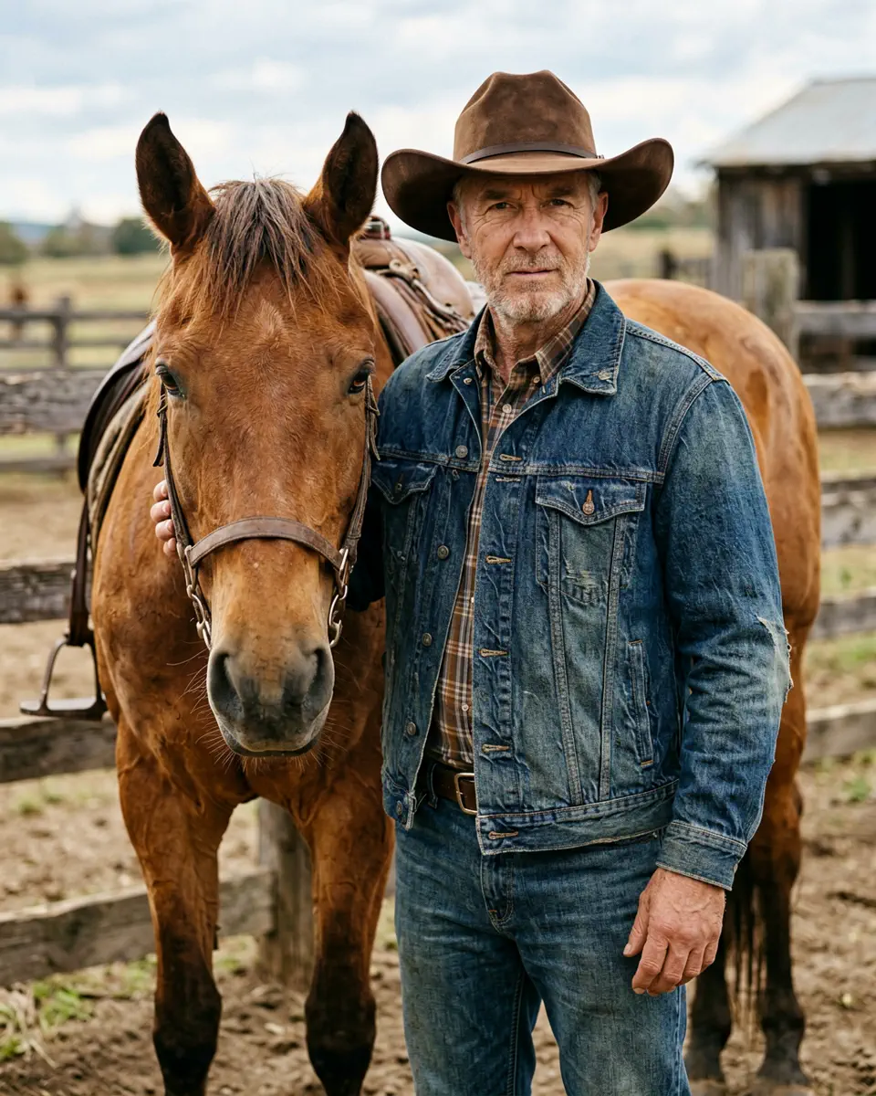 Senior standing beside a horse with one hand on the neck and eyes toward camera