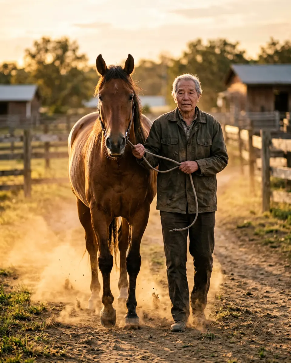 Senior leading a horse walking gently toward the camera at golden hour