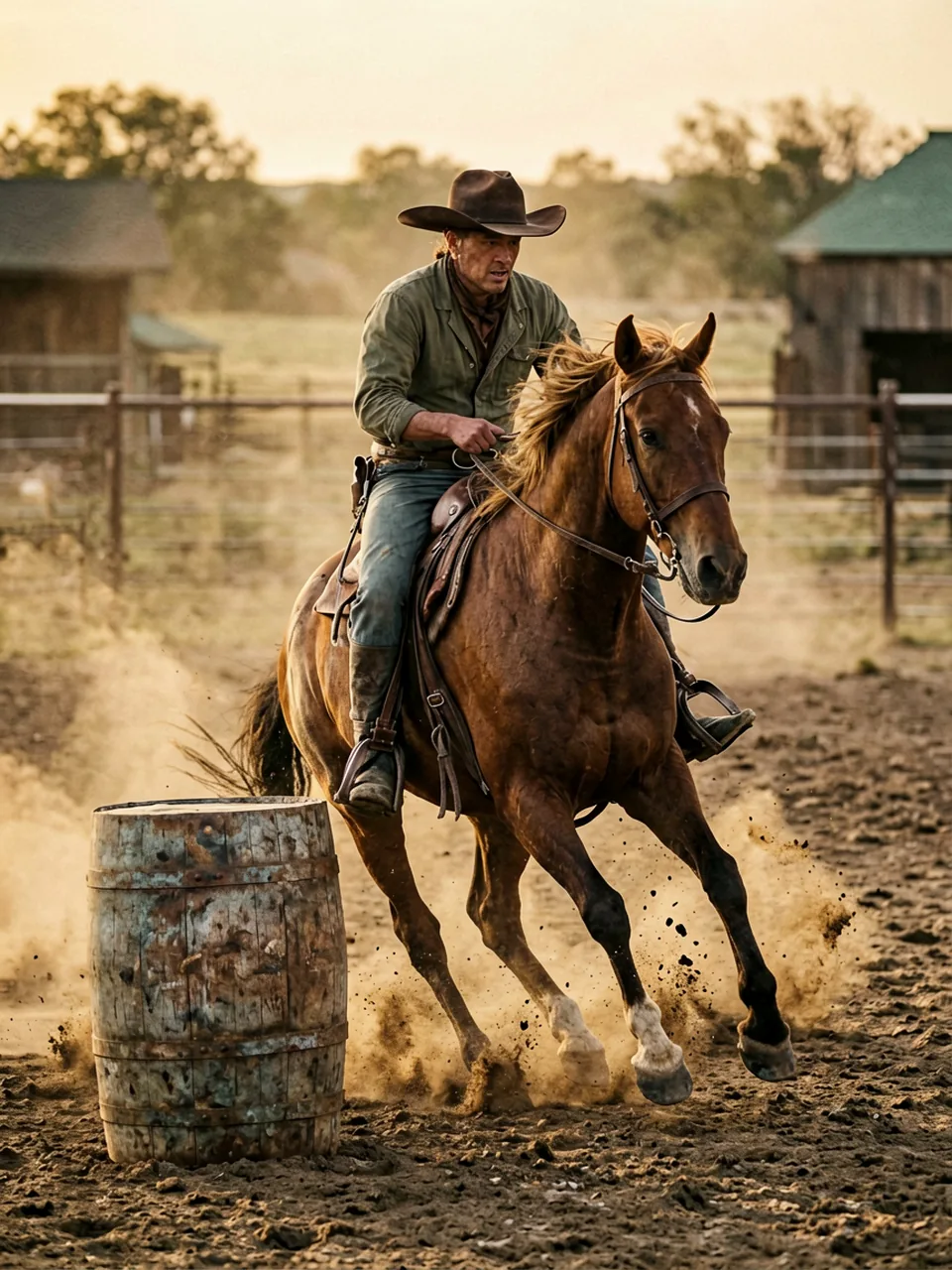 Barrel racing horse and rider turning hard in a dusty arena at golden hour