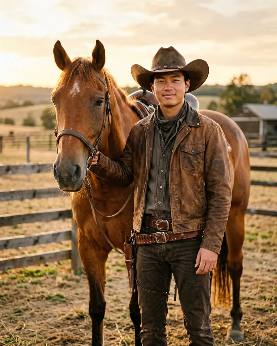 Senior portrait beside a calm ranch horse at golden hour